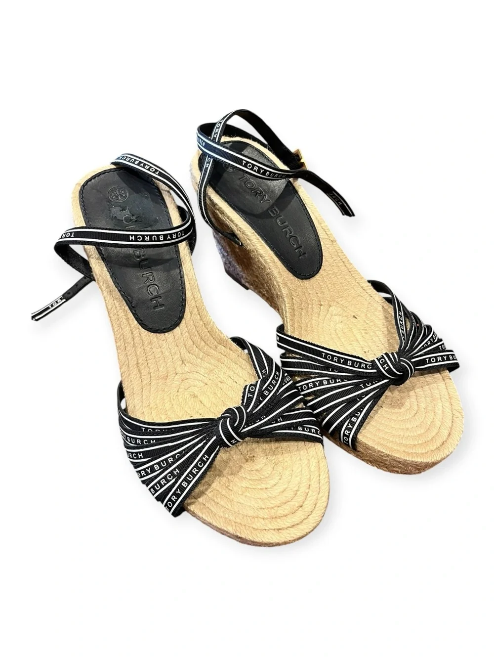 TORY BURCH Perfect Navy/New Ivory Ribbon Wedge Espadrilles